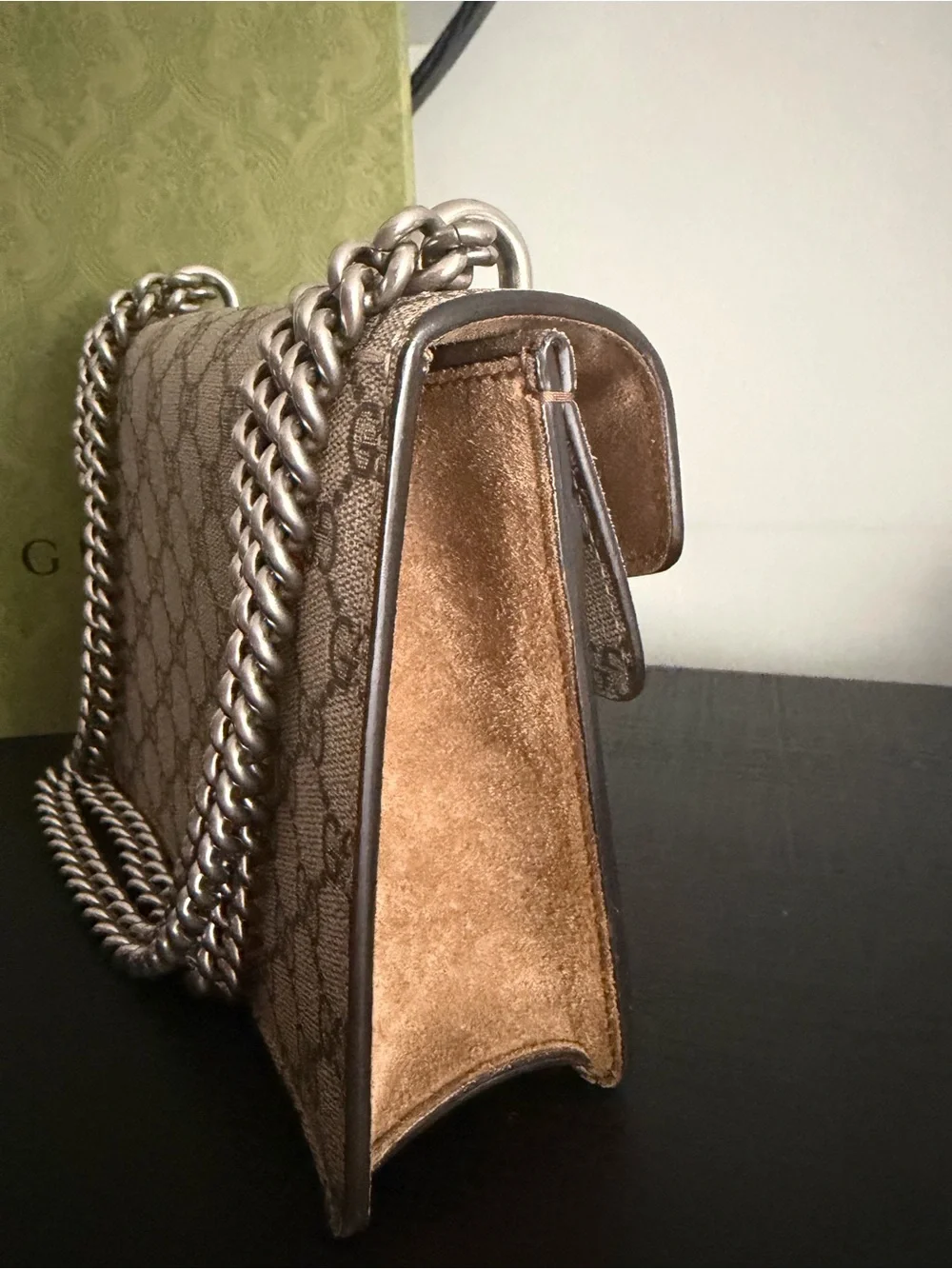 Gucci GG Supreme Small Shoulder Bag in Brown and Tan with Silver Hardware